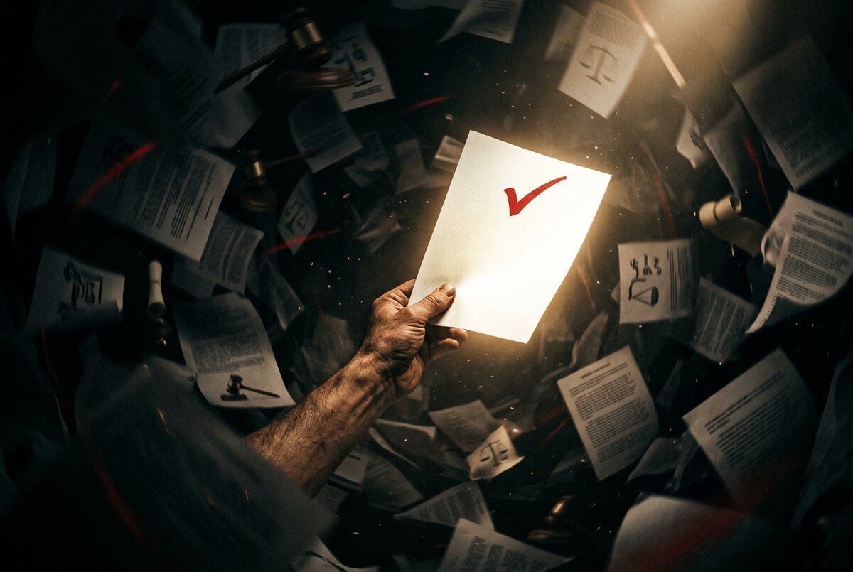 A hand pulling a compliant document out of a storm of disorganized papers, representing the effort to bring existing content into FTC compliance