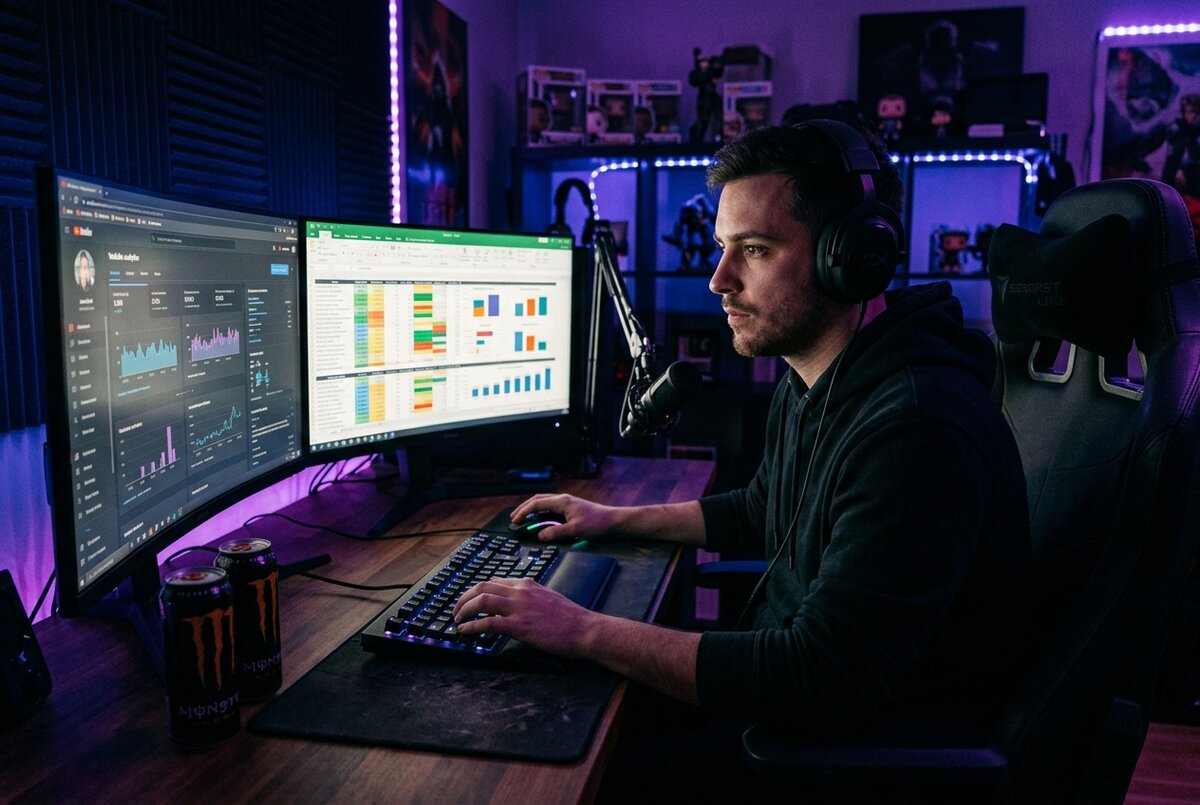 Gaming creator at a dual-monitor streaming setup reviewing sponsorship rate data in a dim RGB-lit room