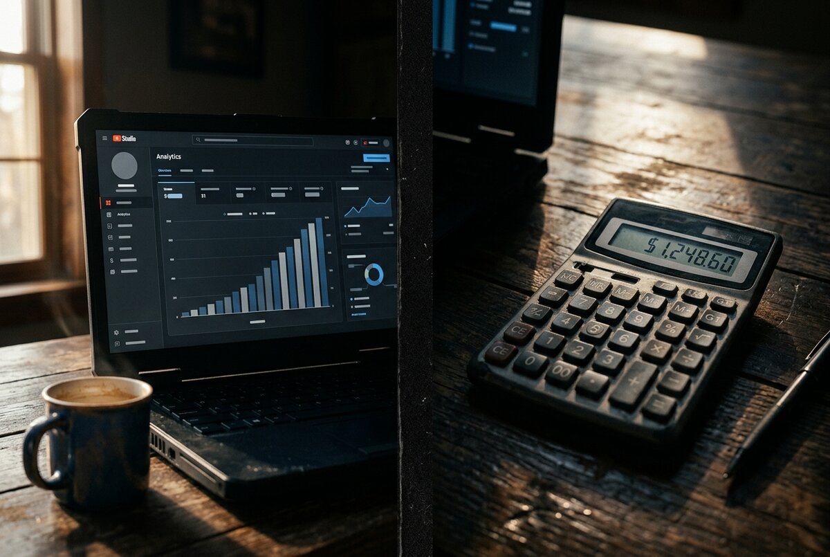 Gaming analytics dashboard with high view counts beside a calculator displaying a modest dollar value, illustrating the volume-versus-CPM tradeoff