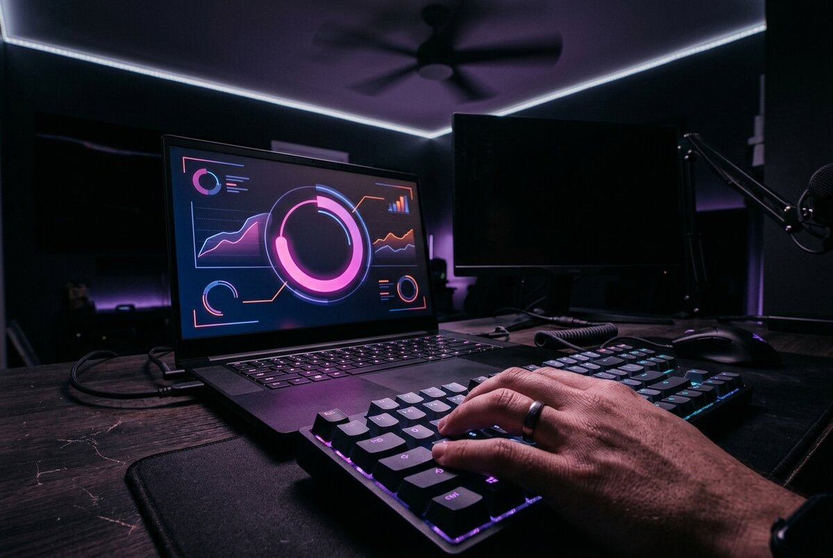 A laptop screen displaying click-through rate analytics for a gaming channel, purple LED ambient light