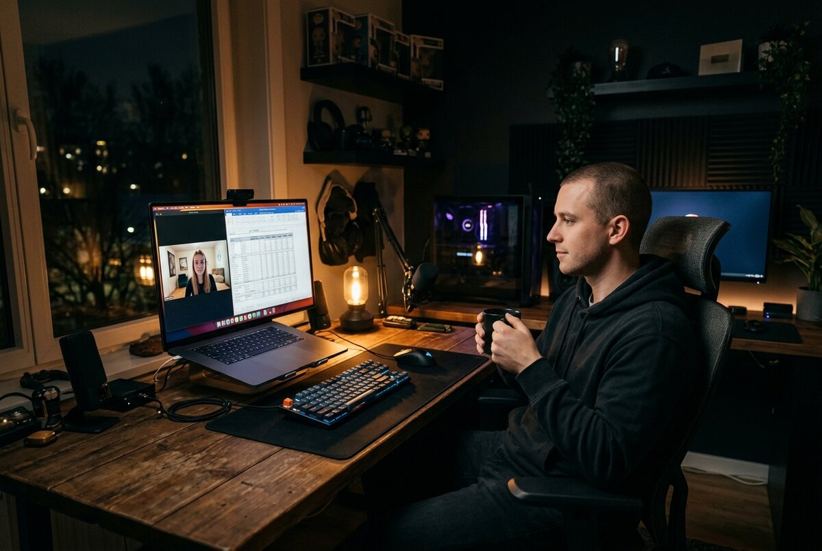 Gaming creator on a video call with a brand marketer, shared rate card visible on screen, warm home office lighting