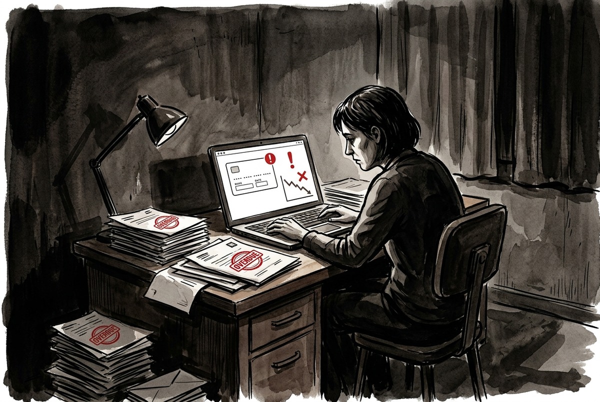 A YouTube creator surrounded by unpaid invoices at their desk, illustrating the payment crisis in the sponsorship industry