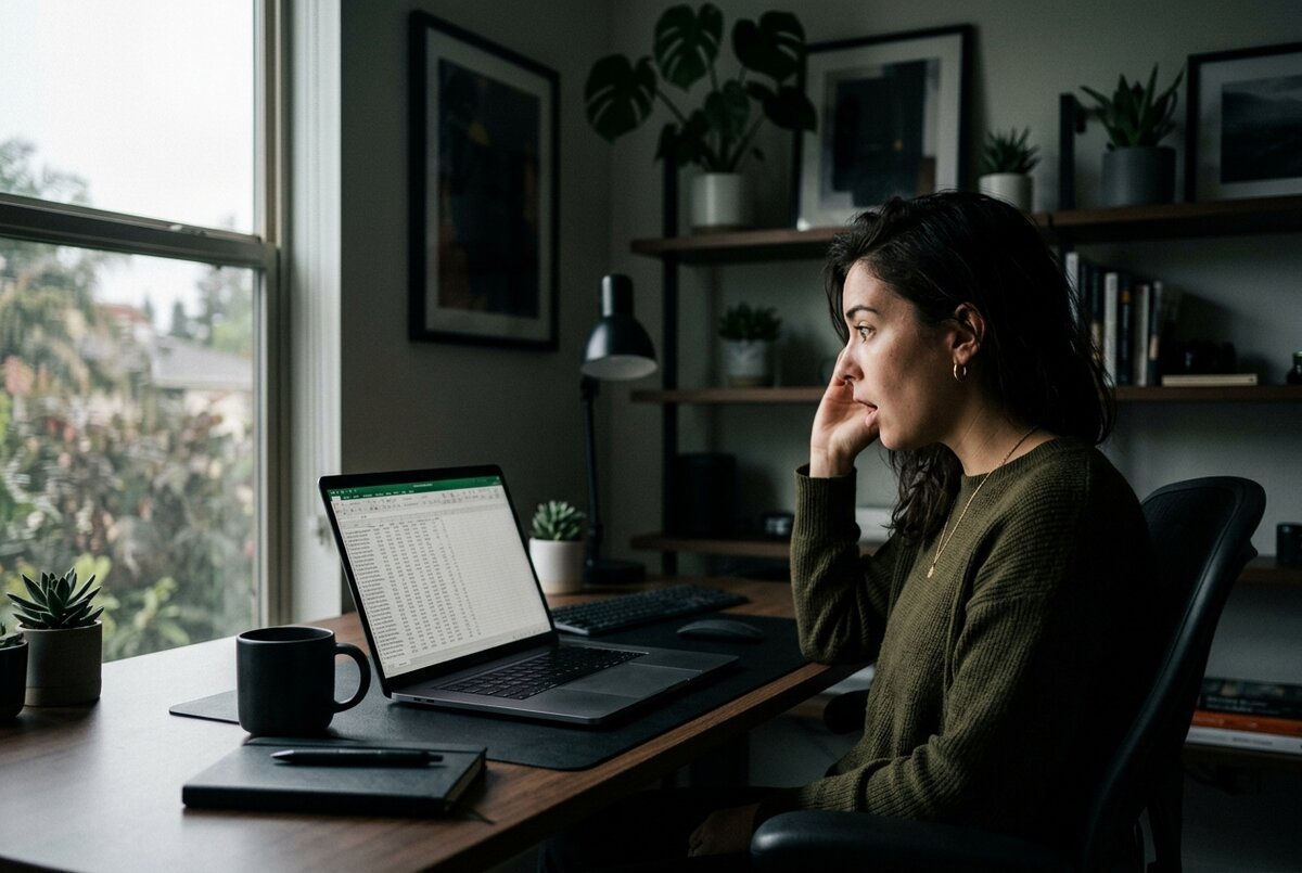 Creator at desk discovering sponsorship rate data on laptop screen in a modern home office