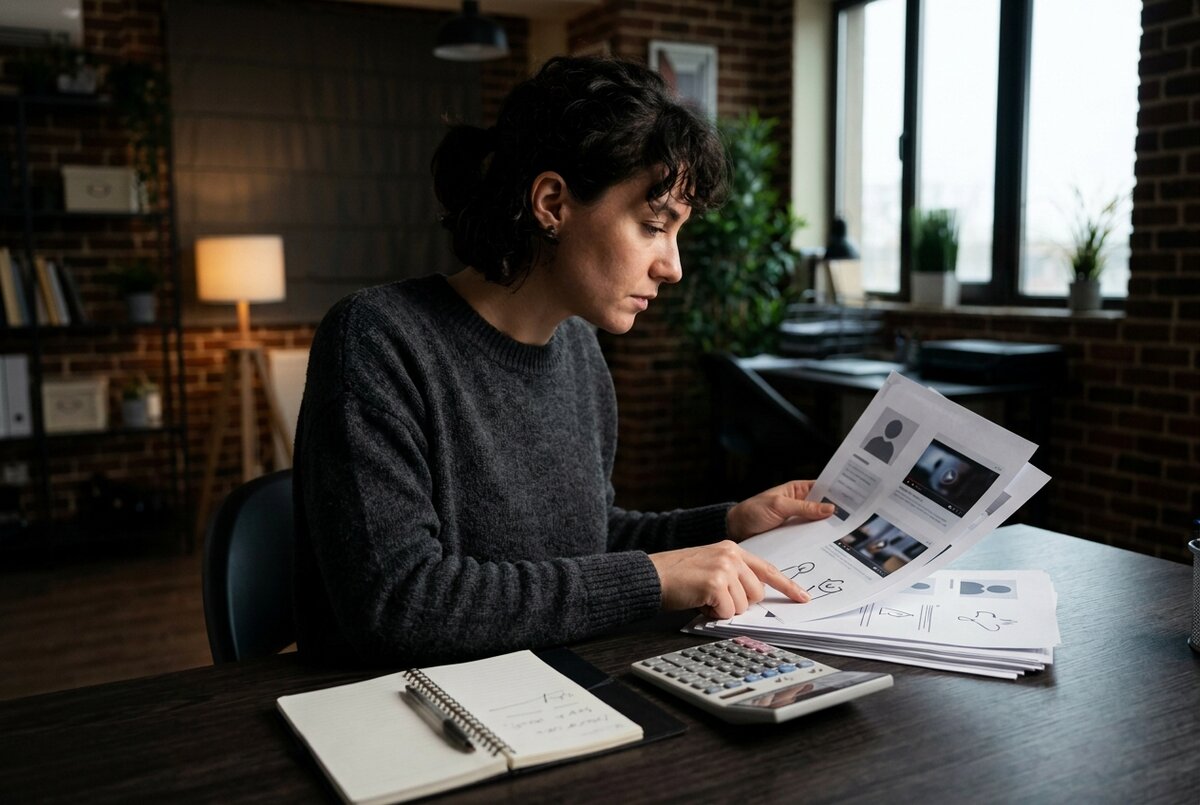 Small business owner reviewing creator profiles at a desk, representing brands with modest influencer marketing budgets