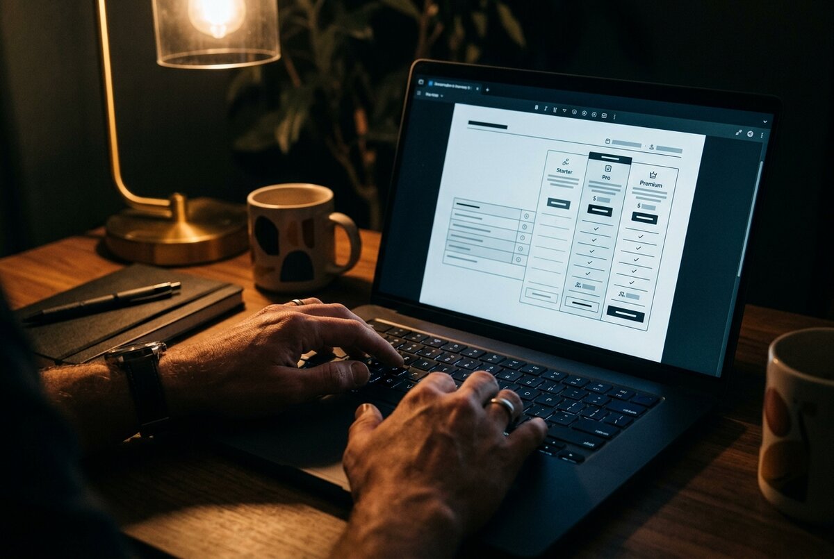 Creator typing a professional rate negotiation response on laptop with a rate card visible on screen