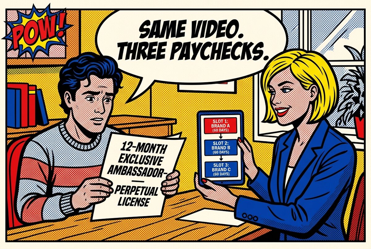 Pop-art panel of creator and brand rep comparing a 12-month ambassador contract with a three-slot rotation showing same video earning three paychecks