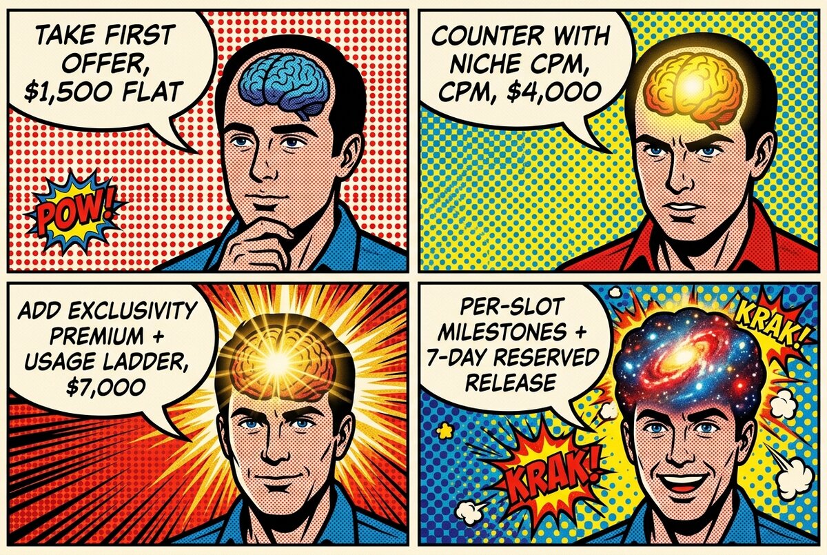 Four-panel galaxy-brain pop-art showing escalating mid-tier slot pricing strategy from $1,500 to per-slot reserved payment