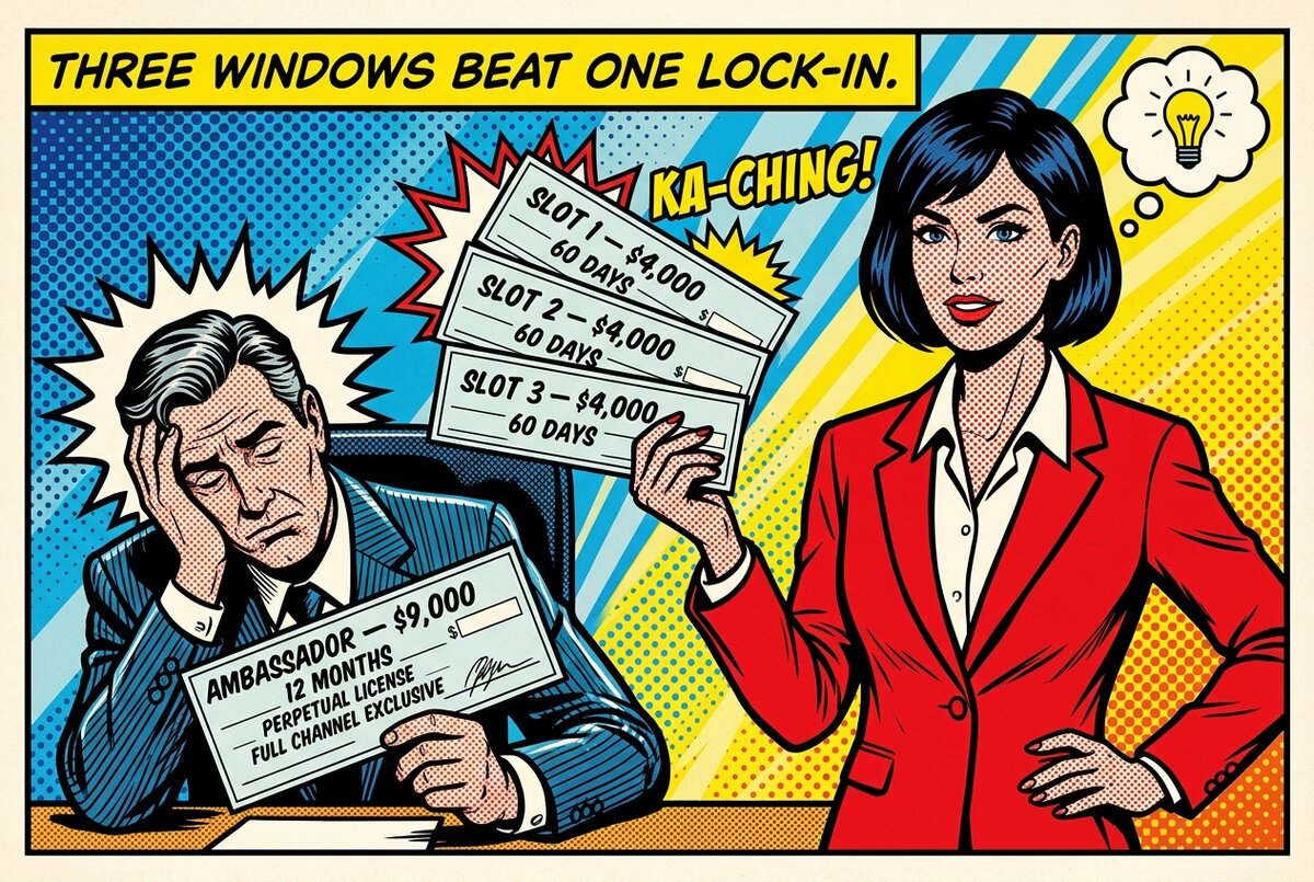 Pop-art novelty-check parody comparing three rotating slot deals at $4,000 each against a single $9,000 ambassador deal with perpetual license